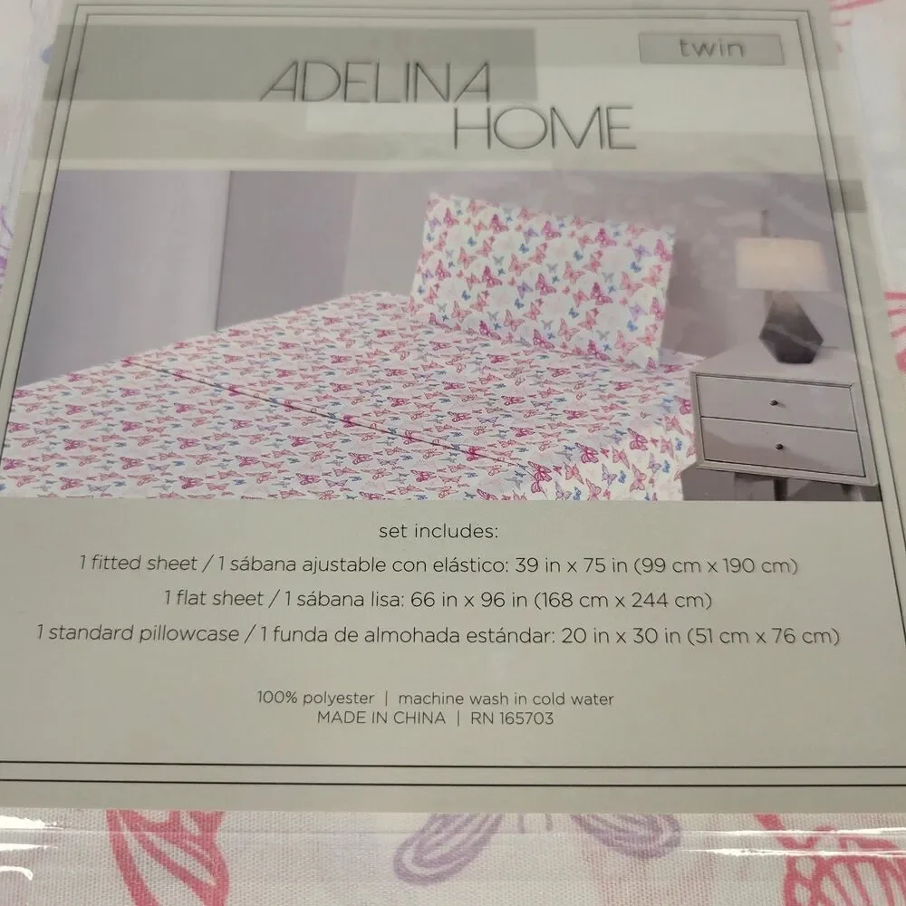 Pink Purple Blue White Butterflies 3 pc Twin Sheets Set Girls Butterfly Spring